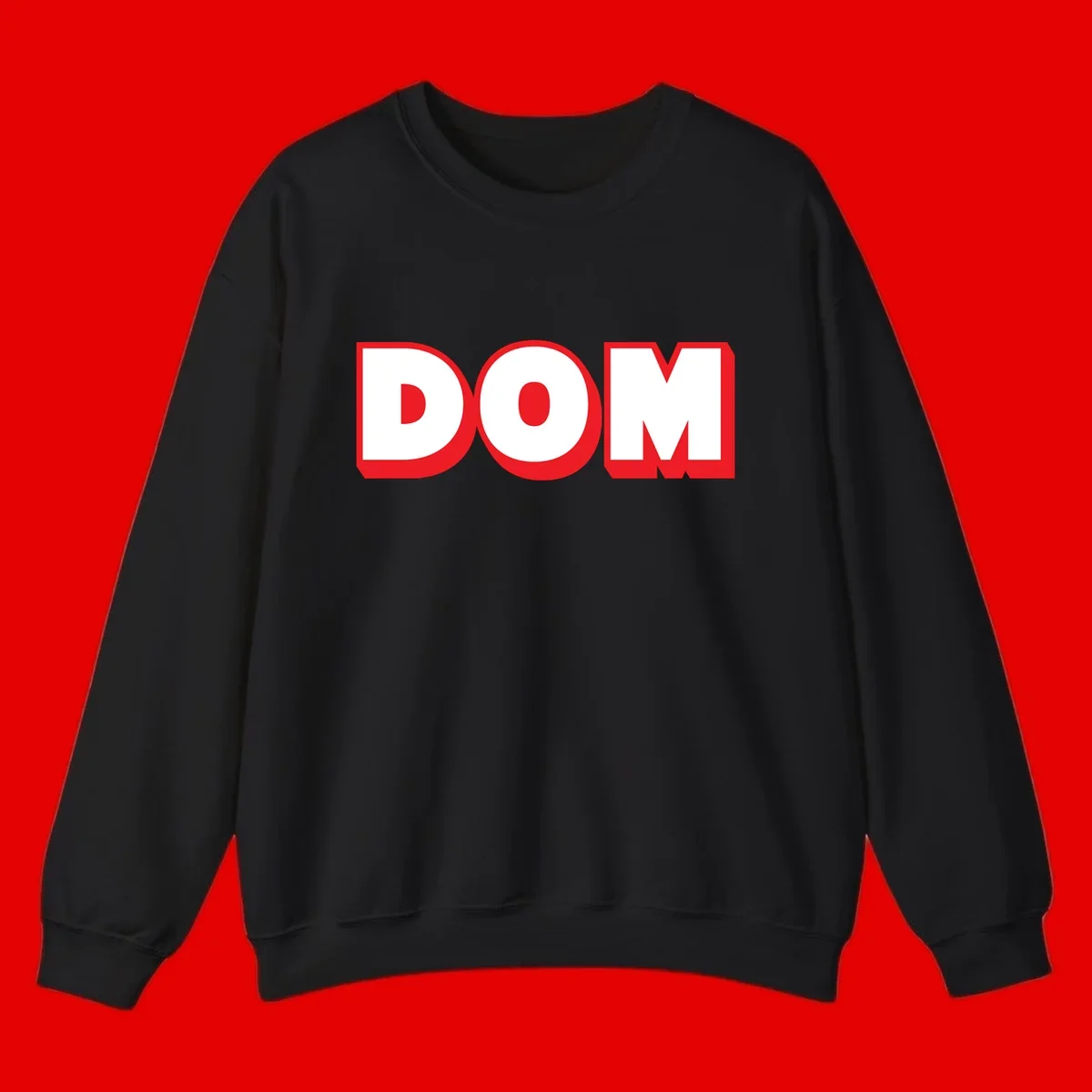Bold red and white DOM typography design with thick sans-serif letters on gray background