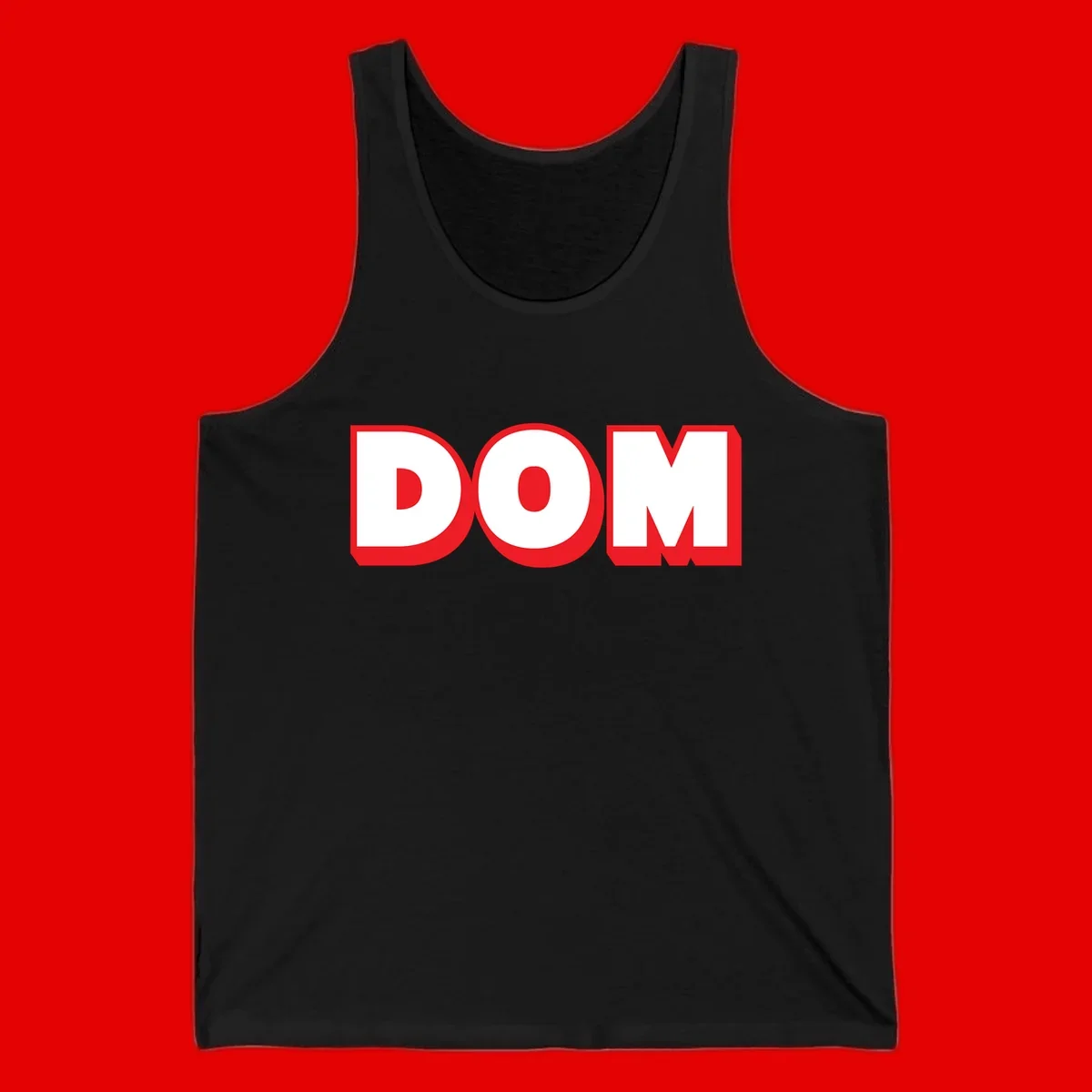 Bold red and white DOM typography design with thick sans-serif letters on gray background