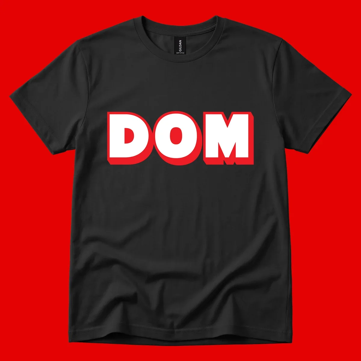 Bold red and white DOM typography design with thick sans-serif letters on gray background