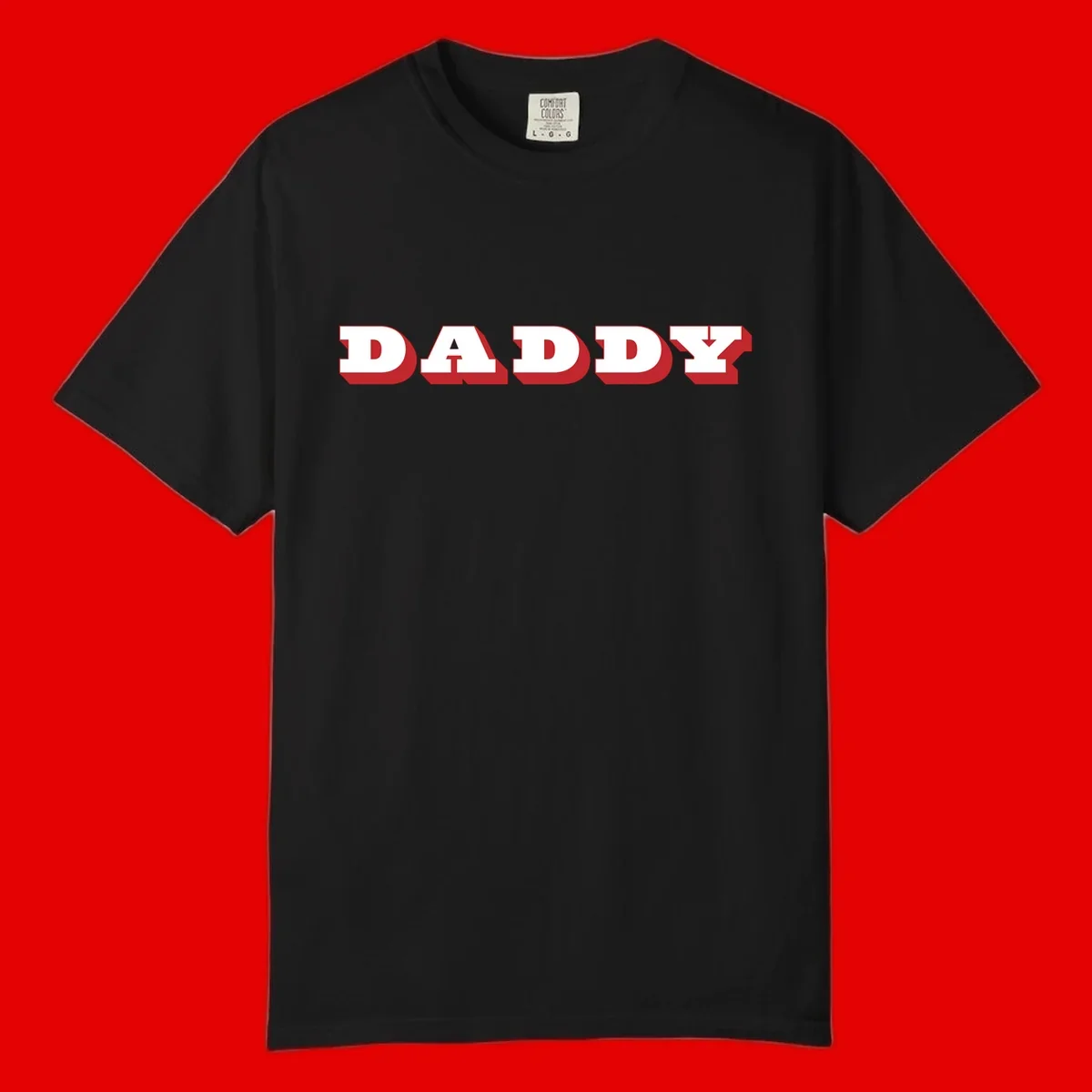Bold red and white DADDY text with 3D shadow effect and downward arrow on gray background