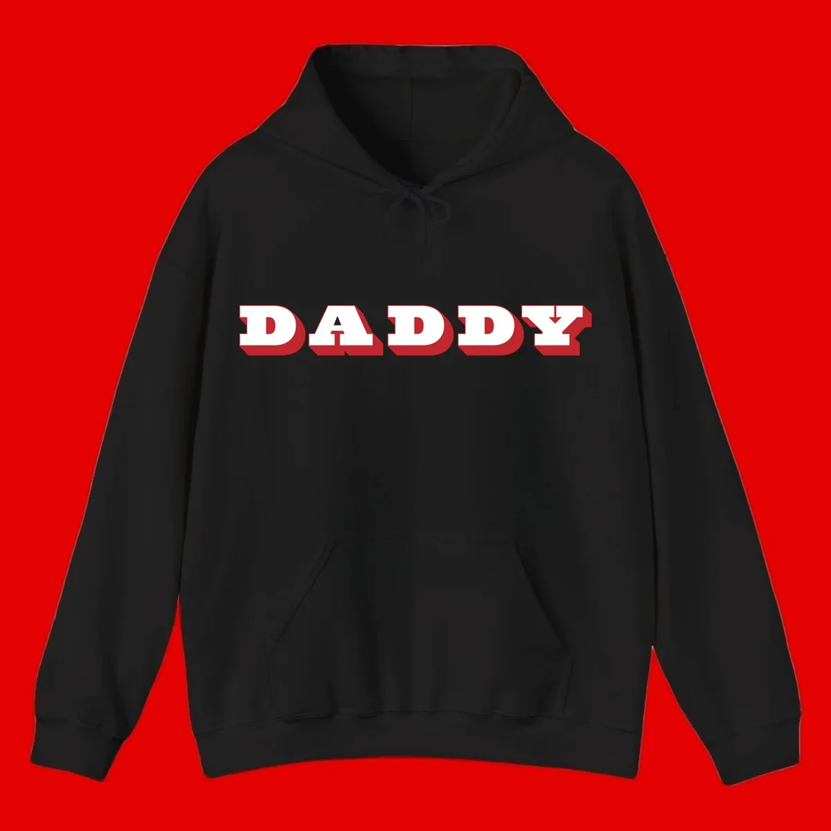 Bold red and white DADDY text with 3D shadow effect and downward arrow on gray background
