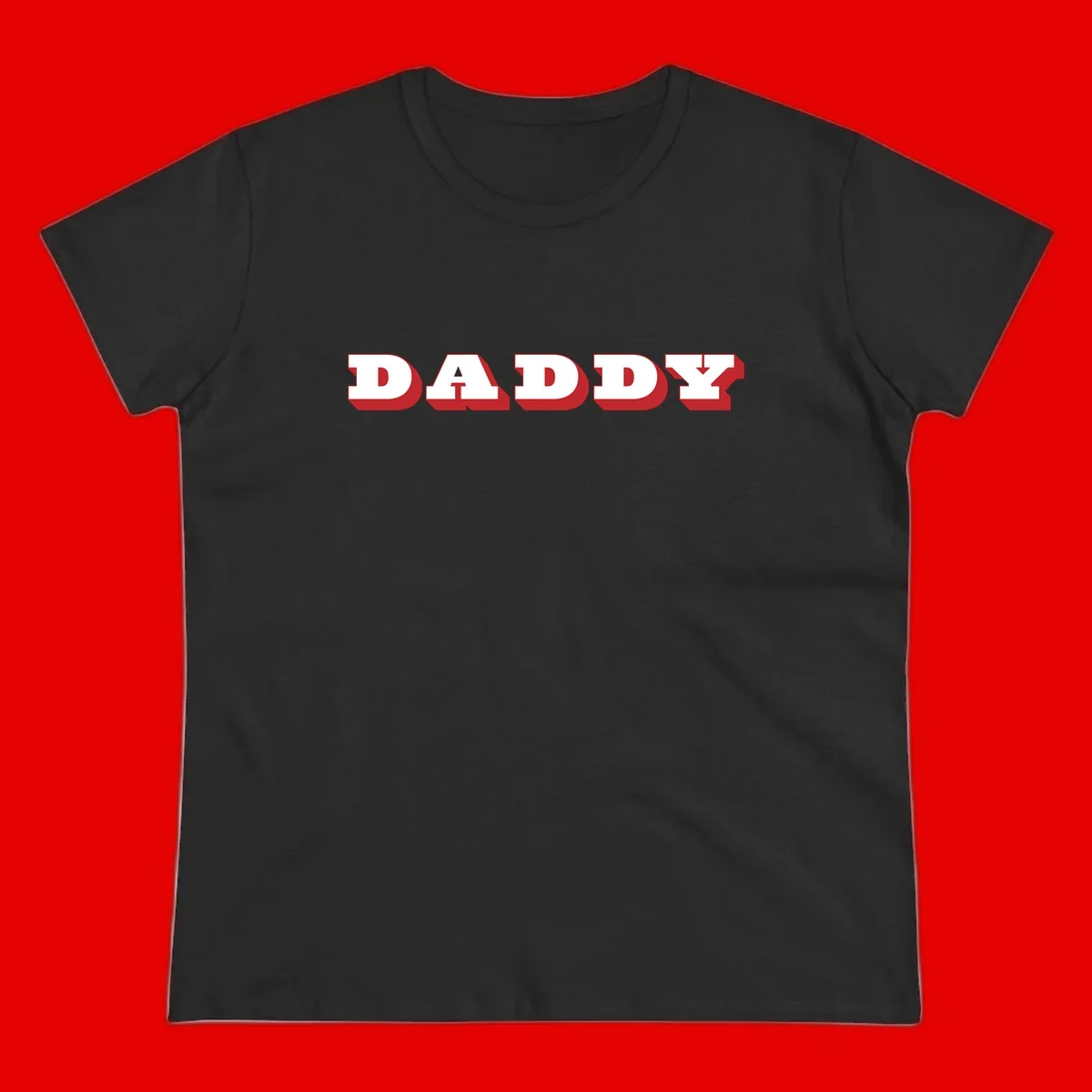 Bold red and white DADDY text with 3D shadow effect and downward arrow on gray background