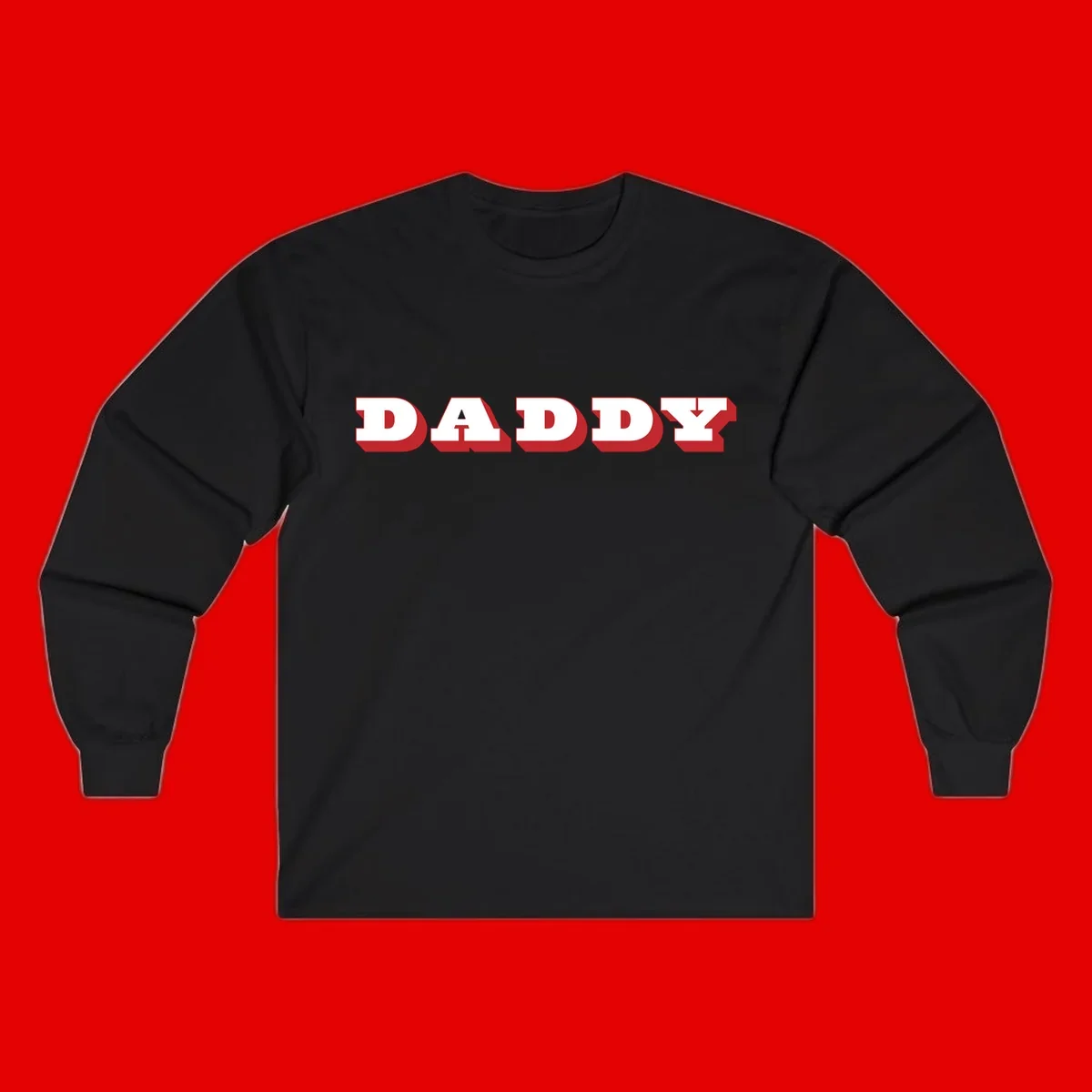 Bold red and white DADDY text with 3D shadow effect and downward arrow on gray background