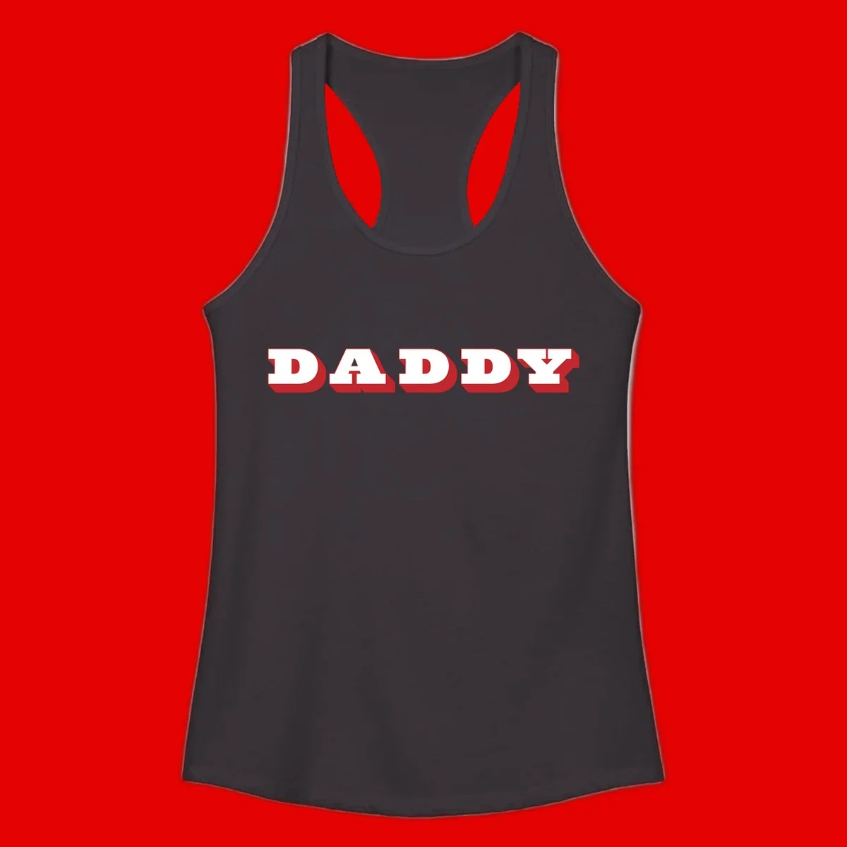 Bold red and white DADDY text with 3D shadow effect and downward arrow on gray background