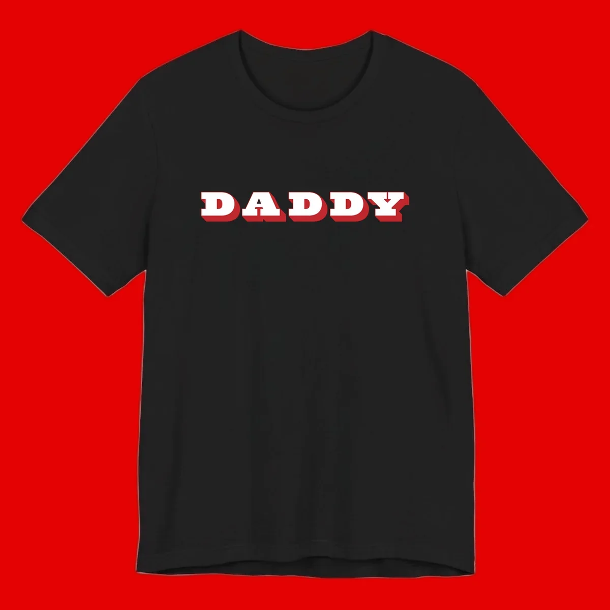 Bold red and white DADDY text with 3D shadow effect and downward arrow on gray background