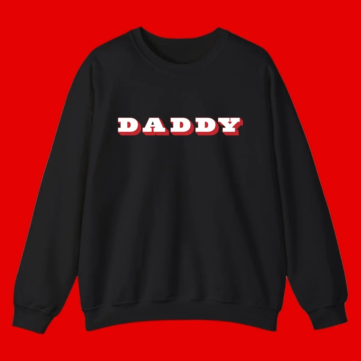 Bold red and white DADDY text with 3D shadow effect and downward arrow on gray background