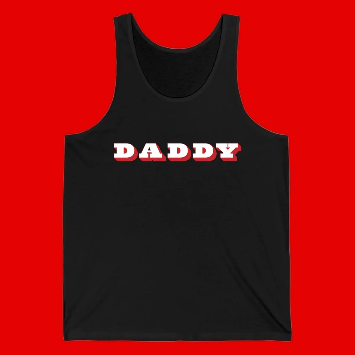 Bold red and white DADDY text with 3D shadow effect and downward arrow on gray background