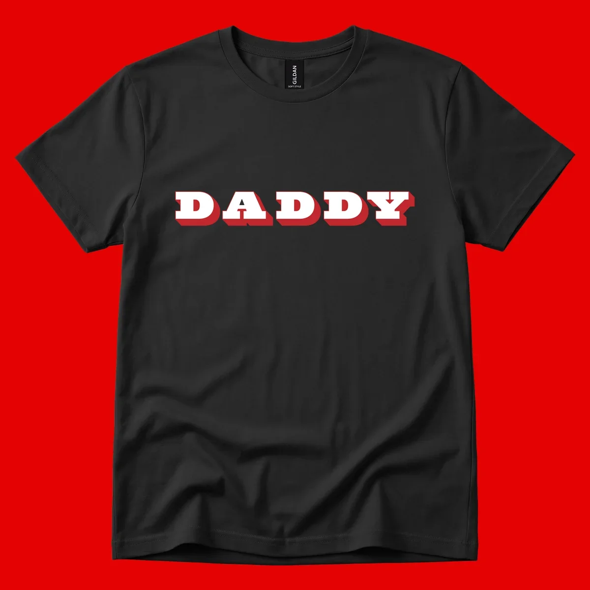 Bold red and white DADDY text with 3D shadow effect and downward arrow on gray background