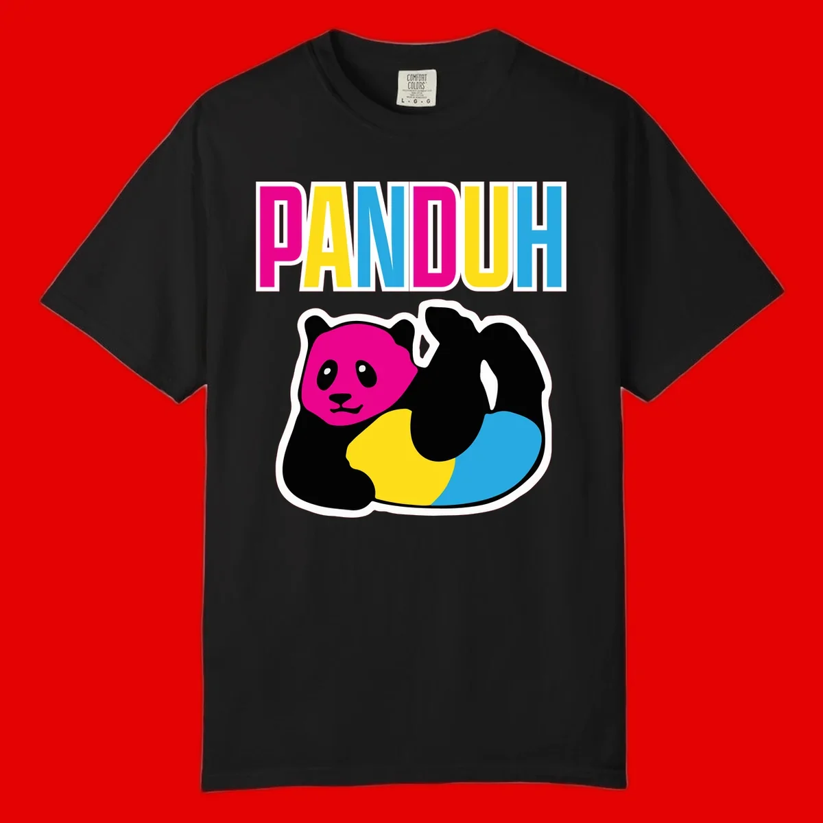 Colorful panda illustration with magenta face and black body, yellow and cyan sections, bold PANDOUH text above in CMYK colors