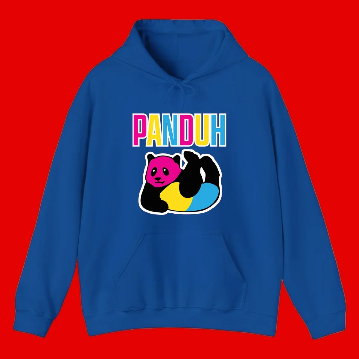 Colorful panda illustration with magenta face and black body, yellow and cyan sections, bold PANDOUH text above in CMYK colors