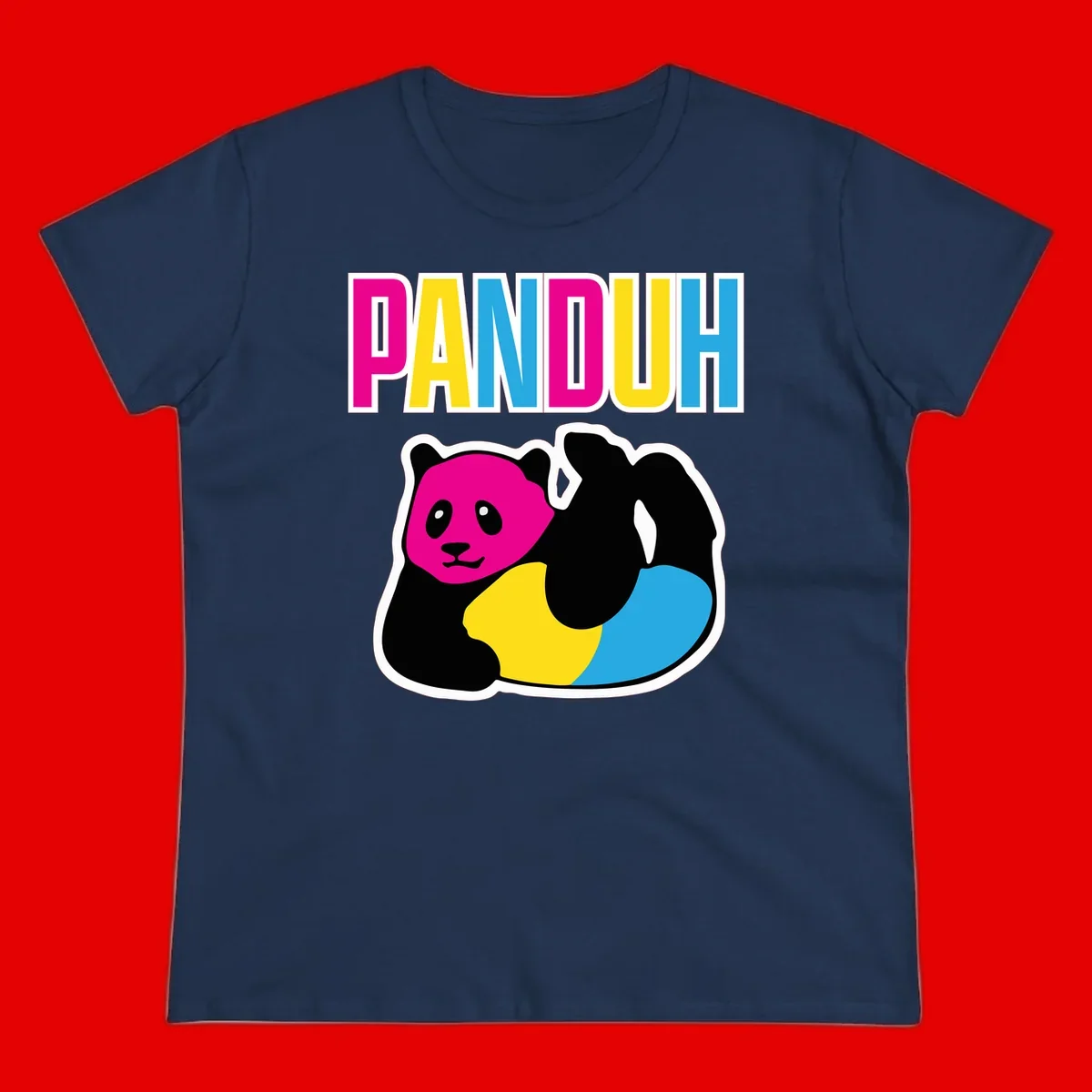 Colorful panda illustration with magenta face and black body, yellow and cyan sections, bold PANDOUH text above in CMYK colors
