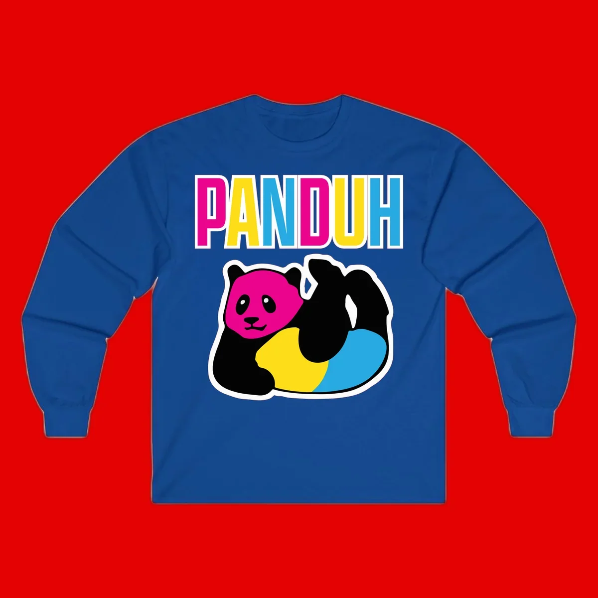 Colorful panda illustration with magenta face and black body, yellow and cyan sections, bold PANDOUH text above in CMYK colors