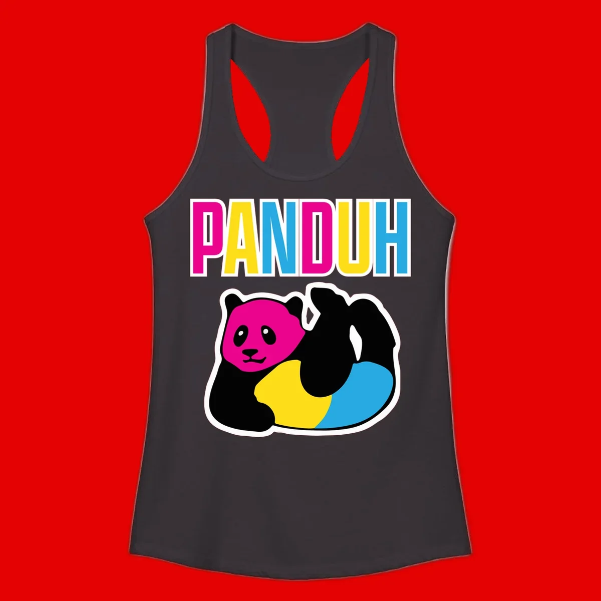 Colorful panda illustration with magenta face and black body, yellow and cyan sections, bold PANDOUH text above in CMYK colors