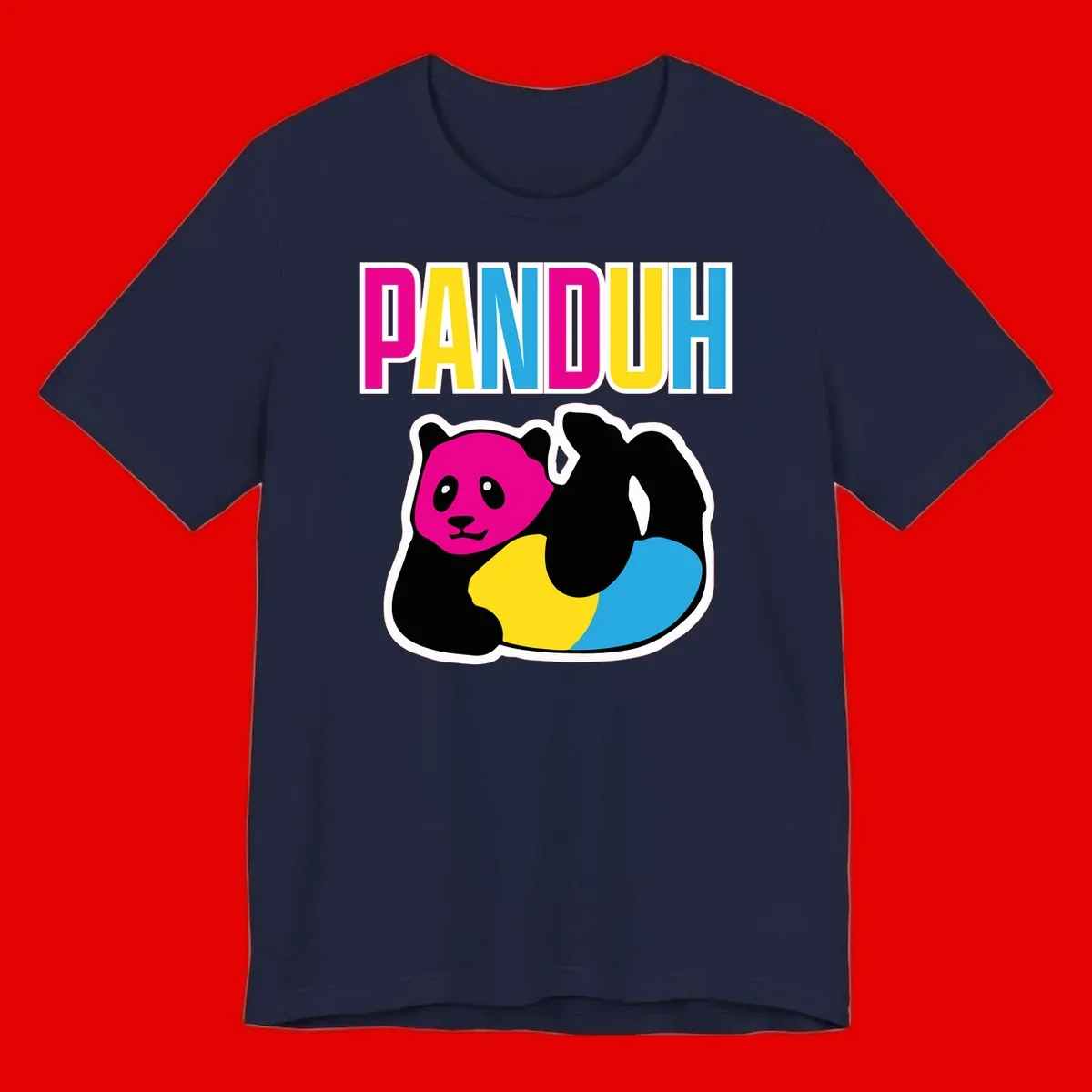 Colorful panda illustration with magenta face and black body, yellow and cyan sections, bold PANDOUH text above in CMYK colors