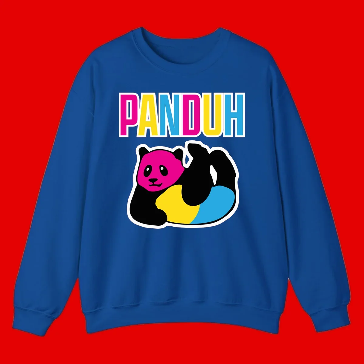 Colorful panda illustration with magenta face and black body, yellow and cyan sections, bold PANDOUH text above in CMYK colors
