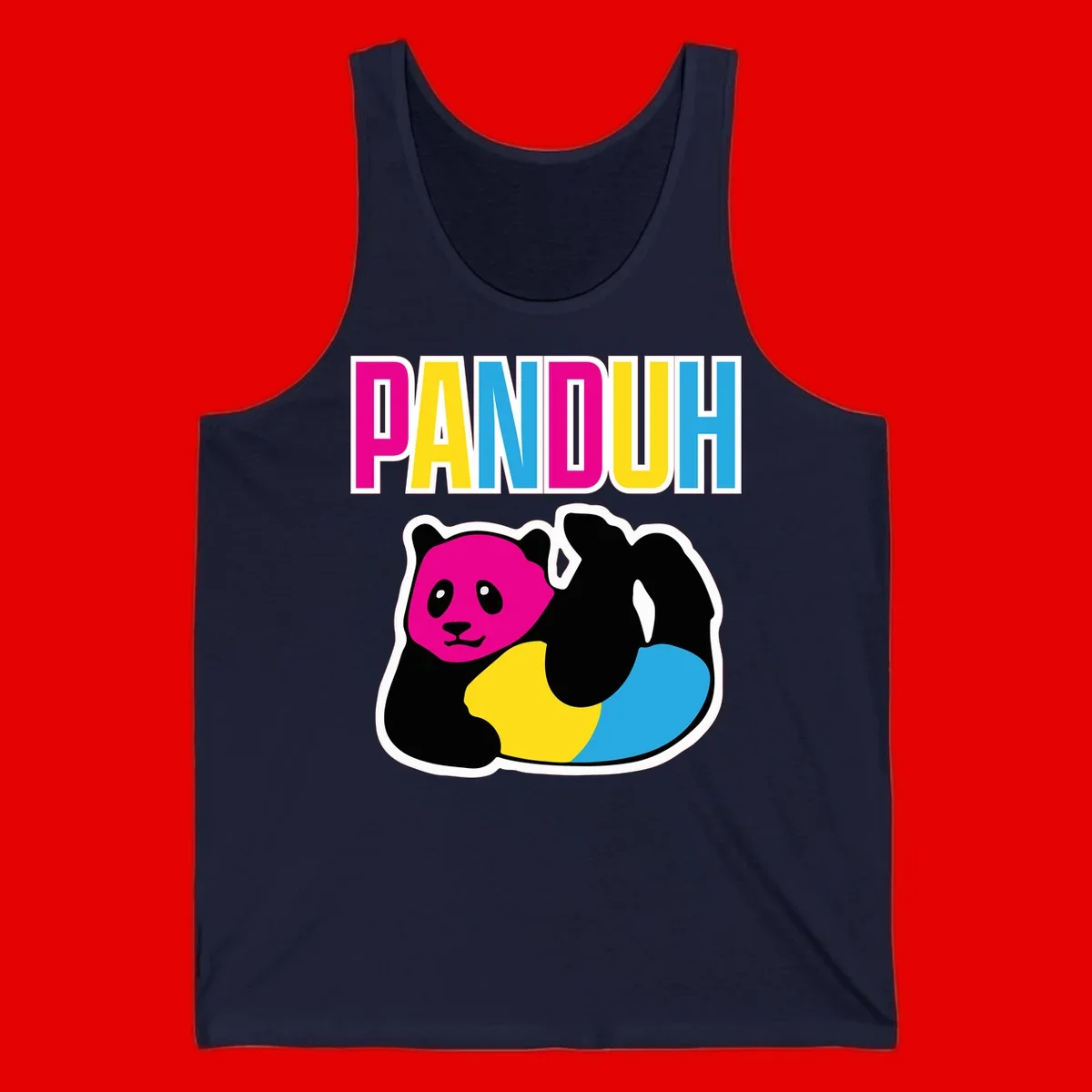 Colorful panda illustration with magenta face and black body, yellow and cyan sections, bold PANDOUH text above in CMYK colors