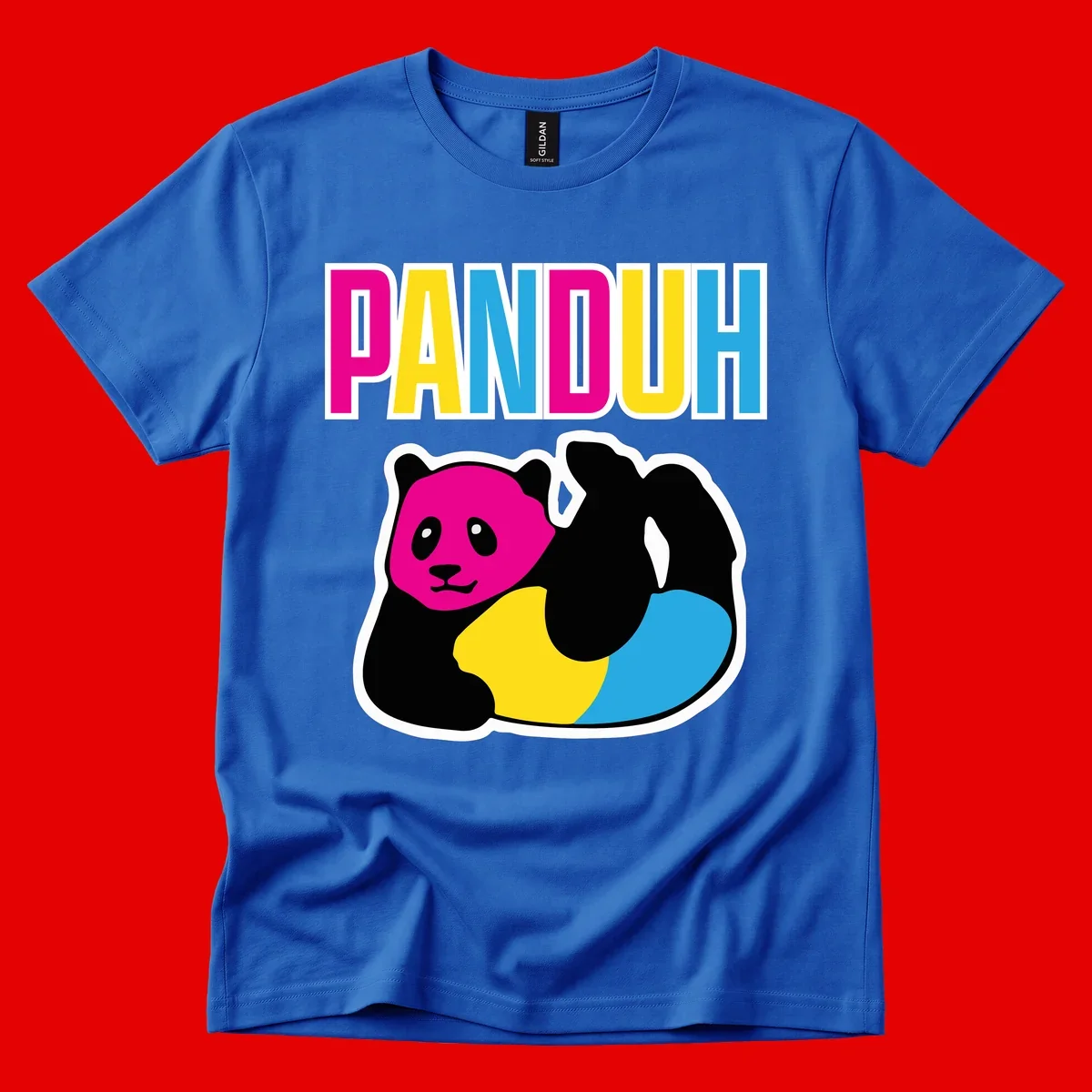 Colorful panda illustration with magenta face and black body, yellow and cyan sections, bold PANDOUH text above in CMYK colors