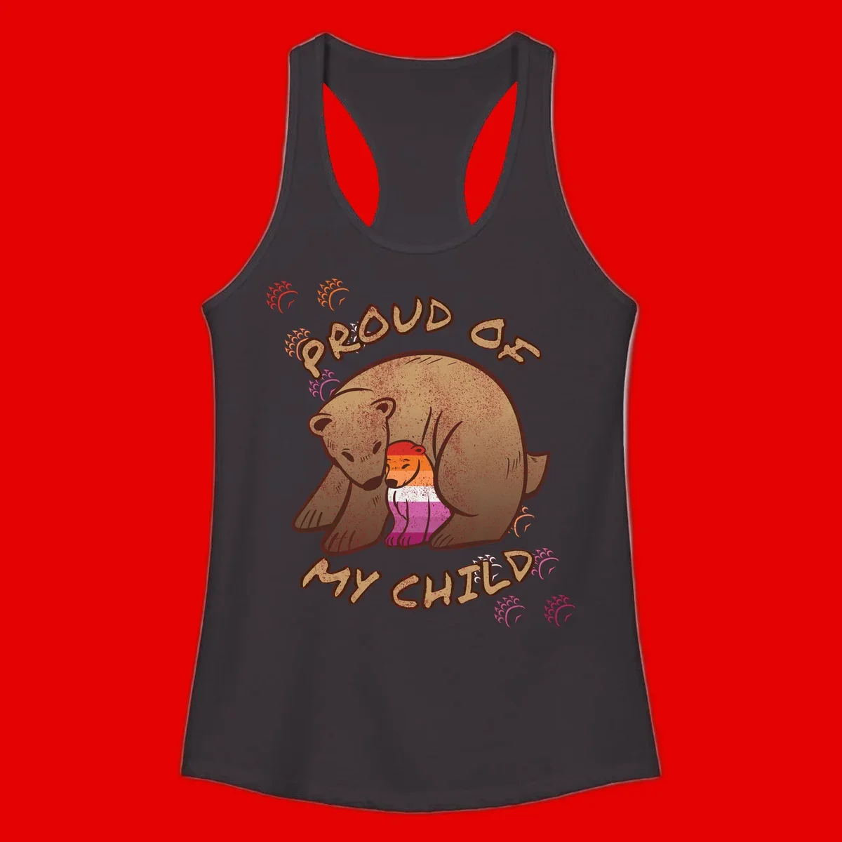 Brown bear proudly holding a sushi roll with pride flag stripes, surrounded by sparkles and text reading 'PROUD AS MY SUSHI'