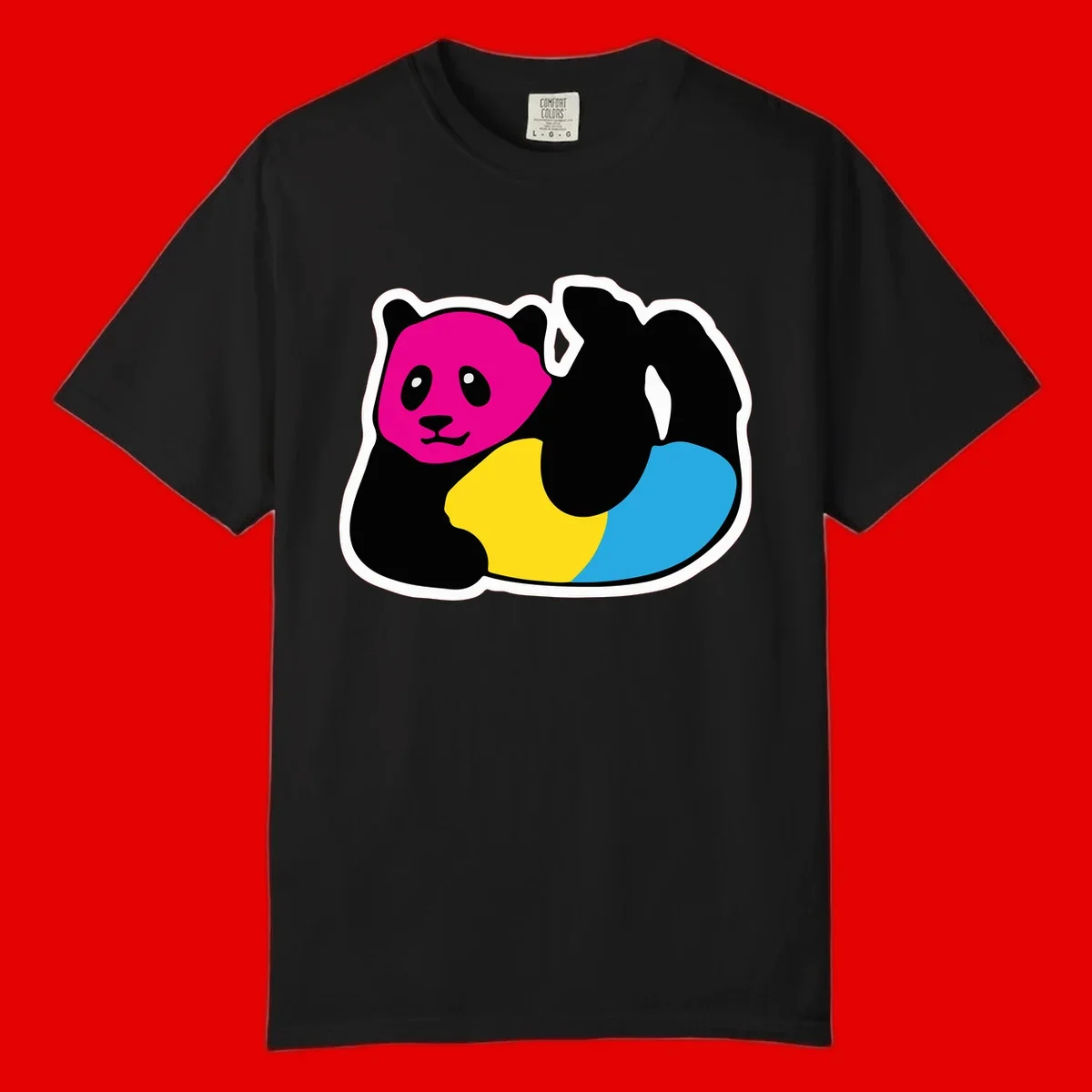 Cute panda illustration with magenta face, black body, and rainbow-colored yellow and cyan tail for pride-panda-rainbow design
