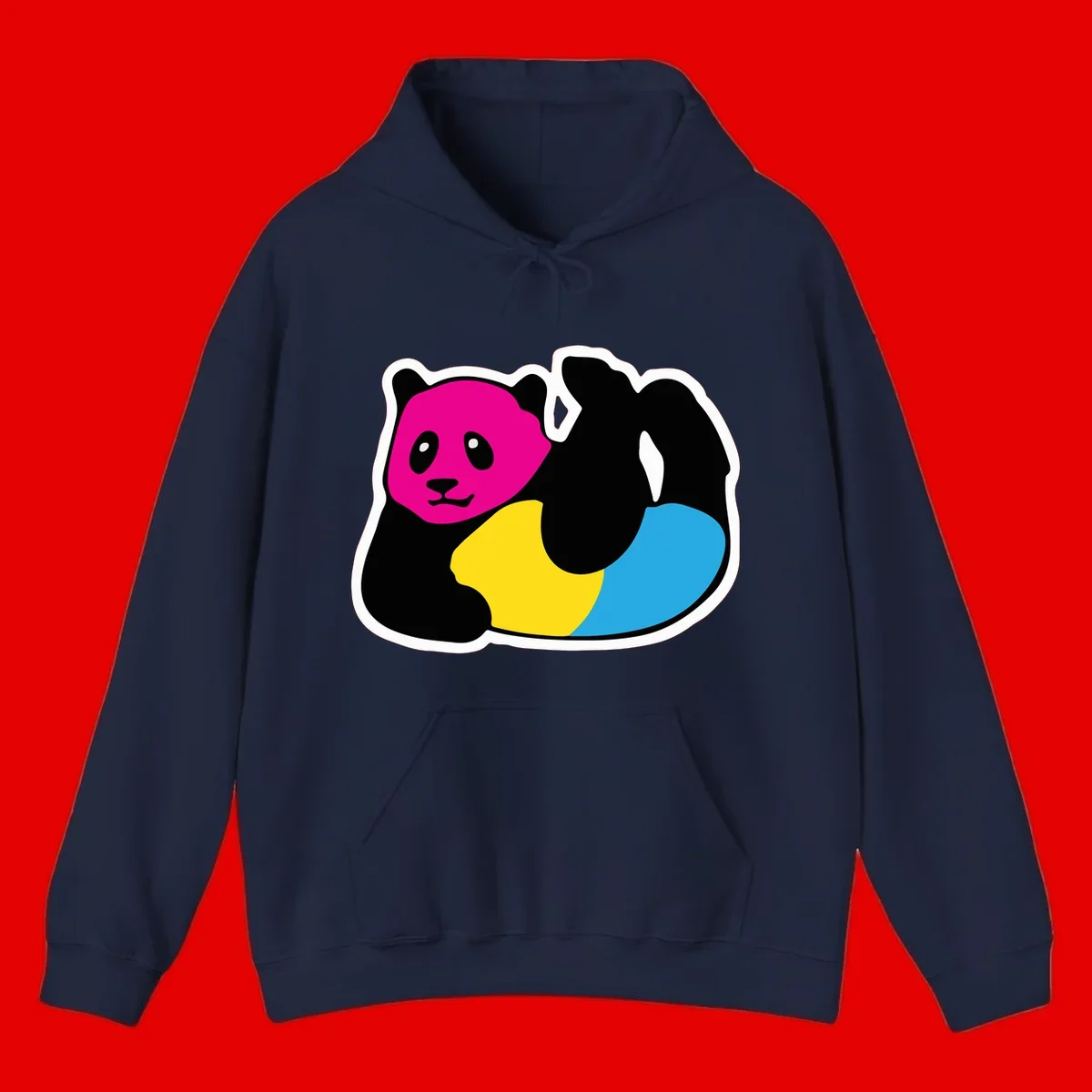 Cute panda illustration with magenta face, black body, and rainbow-colored yellow and cyan tail for pride-panda-rainbow design