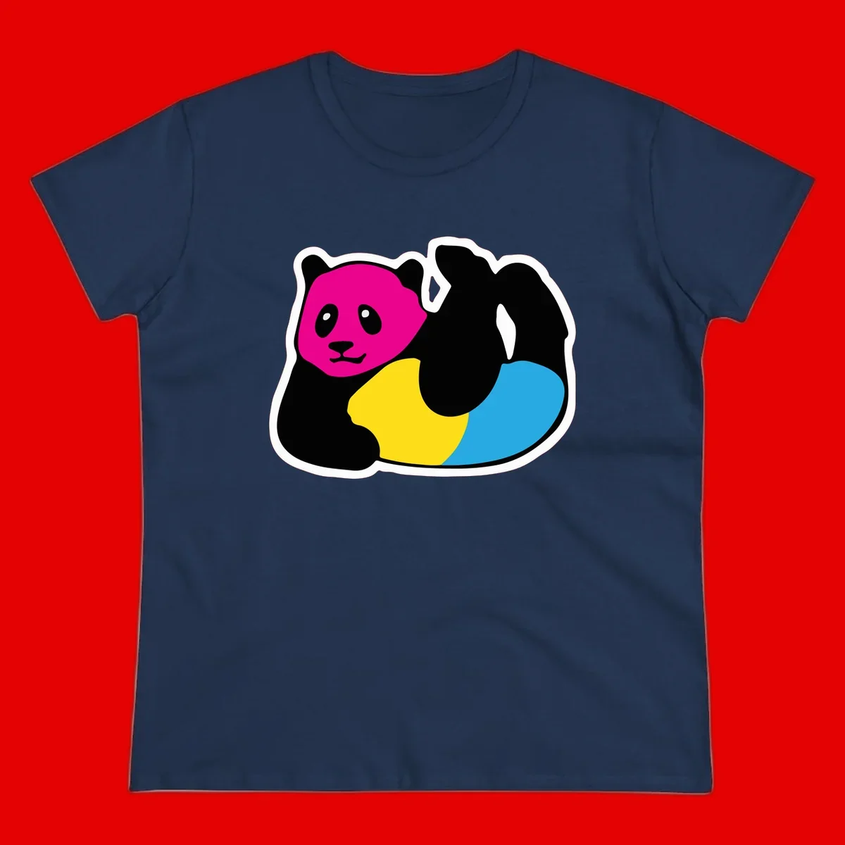 Cute panda illustration with magenta face, black body, and rainbow-colored yellow and cyan tail for pride-panda-rainbow design