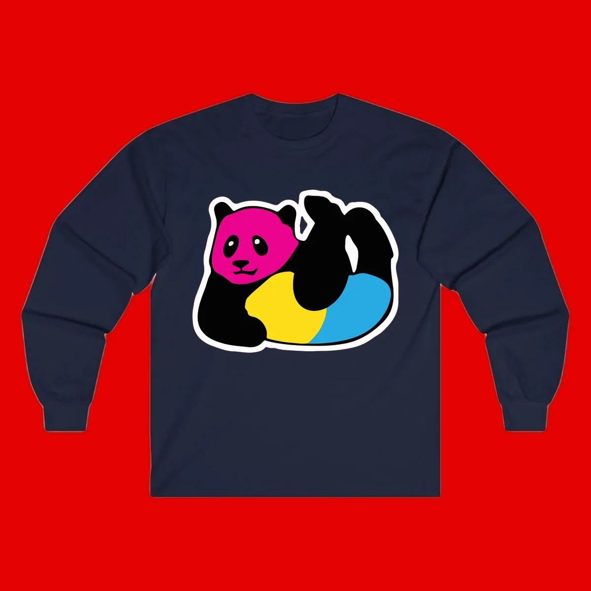 Cute panda illustration with magenta face, black body, and rainbow-colored yellow and cyan tail for pride-panda-rainbow design