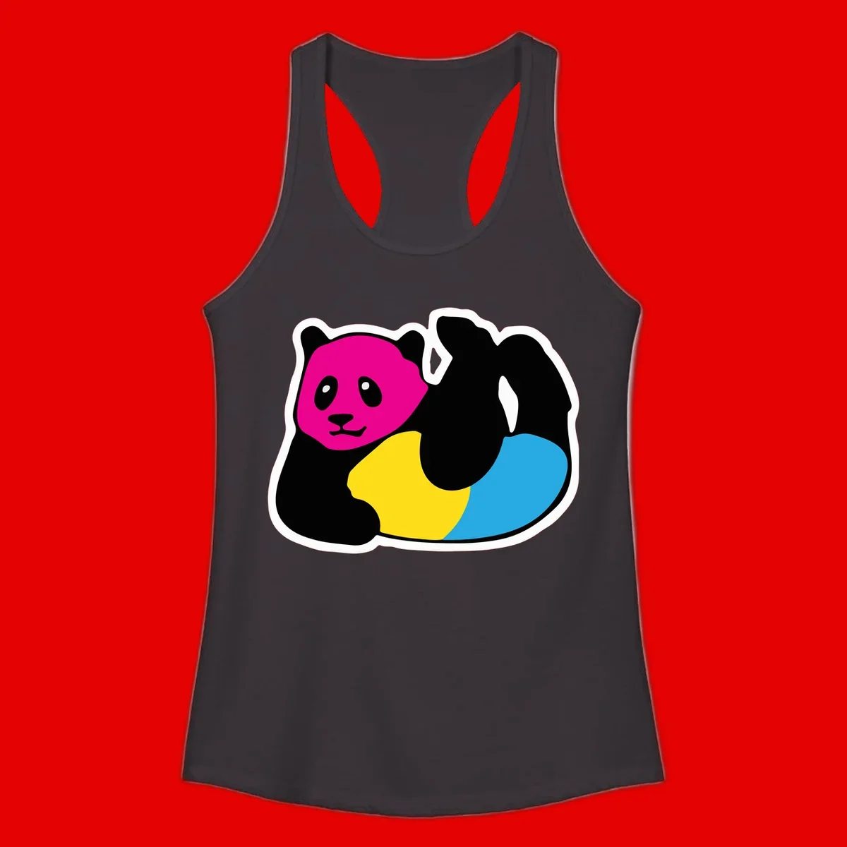 Cute panda illustration with magenta face, black body, and rainbow-colored yellow and cyan tail for pride-panda-rainbow design