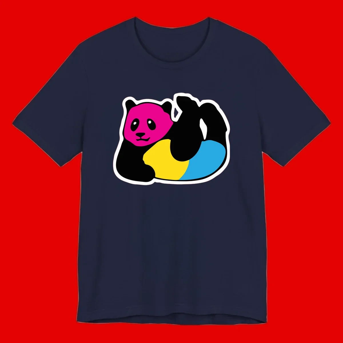 Cute panda illustration with magenta face, black body, and rainbow-colored yellow and cyan tail for pride-panda-rainbow design