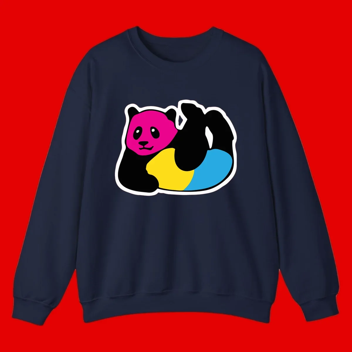 Cute panda illustration with magenta face, black body, and rainbow-colored yellow and cyan tail for pride-panda-rainbow design