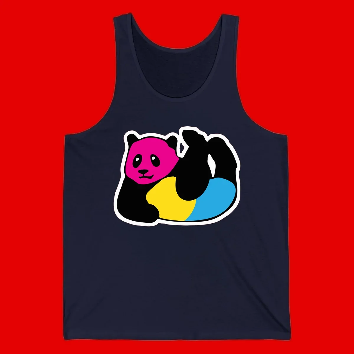 Cute panda illustration with magenta face, black body, and rainbow-colored yellow and cyan tail for pride-panda-rainbow design