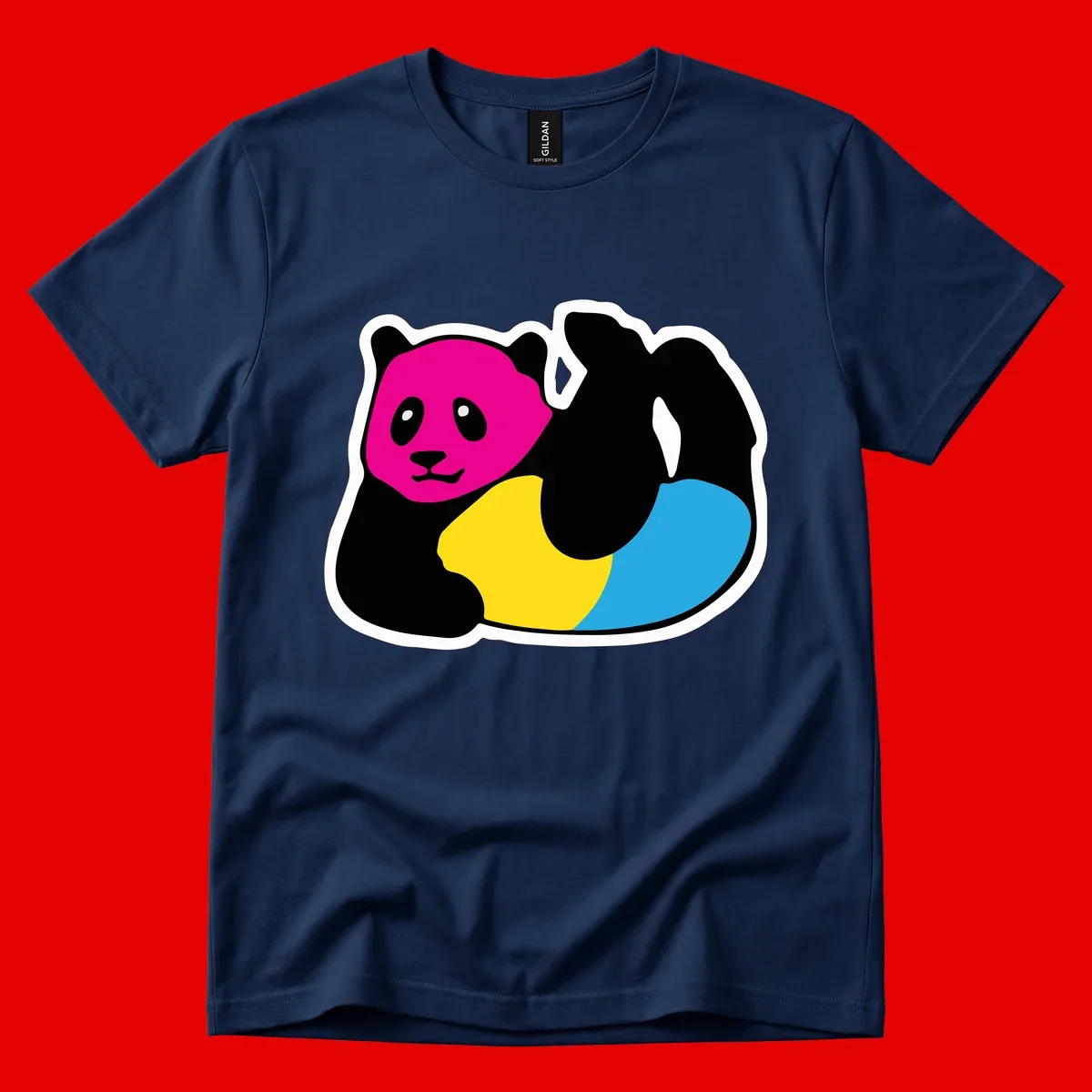 Cute panda illustration with magenta face, black body, and rainbow-colored yellow and cyan tail for pride-panda-rainbow design