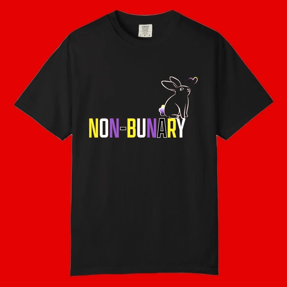 Non-binary bunny pride design featuring a white-outlined rabbit with gradient heart symbol and colorful 'NON-BINARY' text in yellow, purple, and white