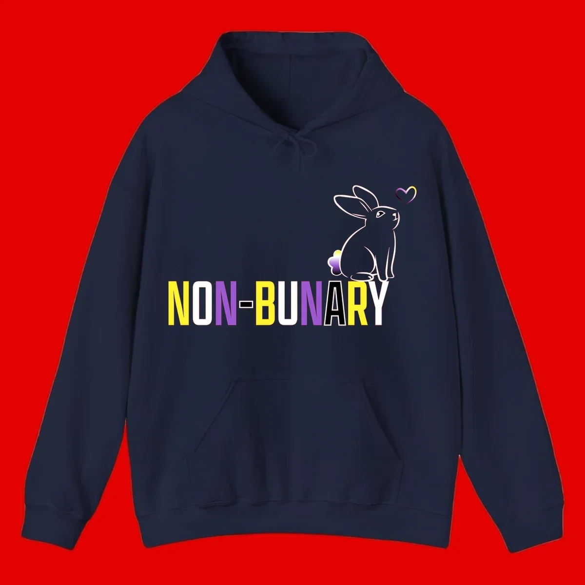 Non-binary bunny pride design featuring a white-outlined rabbit with gradient heart symbol and colorful 'NON-BINARY' text in yellow, purple, and white