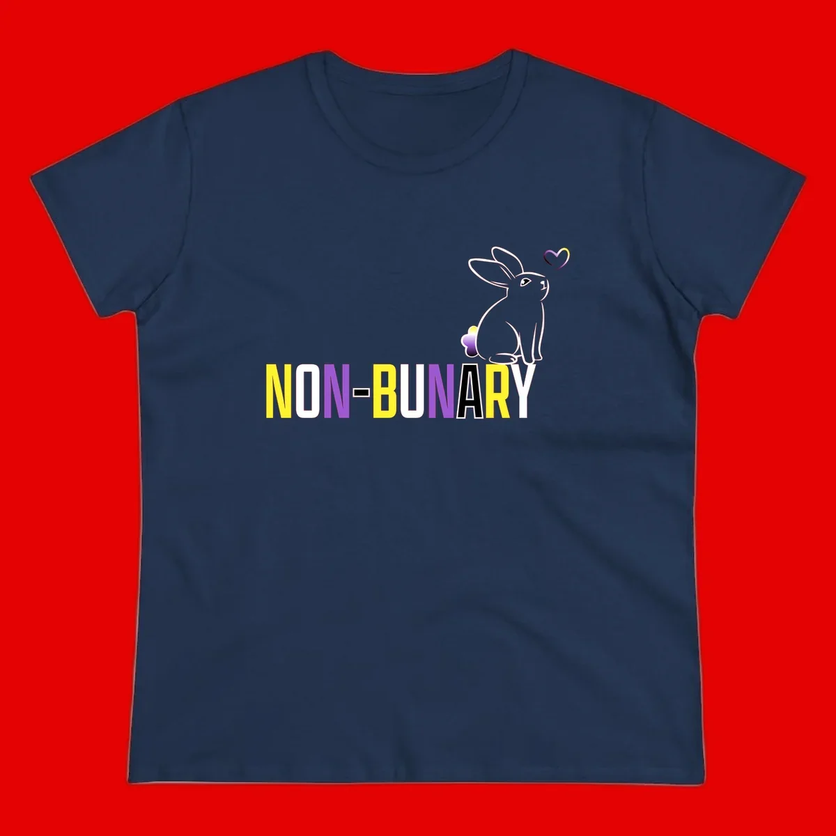 Non-binary bunny pride design featuring a white-outlined rabbit with gradient heart symbol and colorful 'NON-BINARY' text in yellow, purple, and white