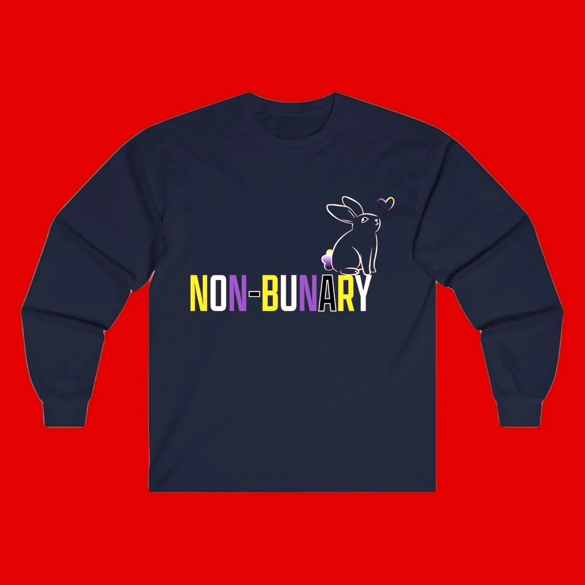 Non-binary bunny pride design featuring a white-outlined rabbit with gradient heart symbol and colorful 'NON-BINARY' text in yellow, purple, and white