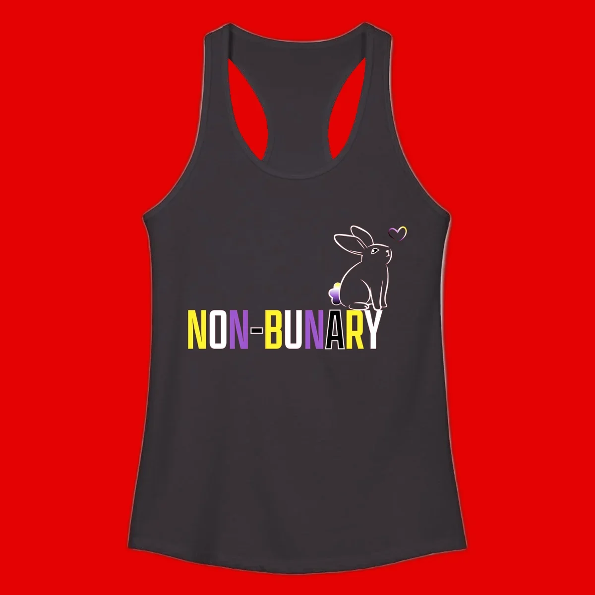 Non-binary bunny pride design featuring a white-outlined rabbit with gradient heart symbol and colorful 'NON-BINARY' text in yellow, purple, and white