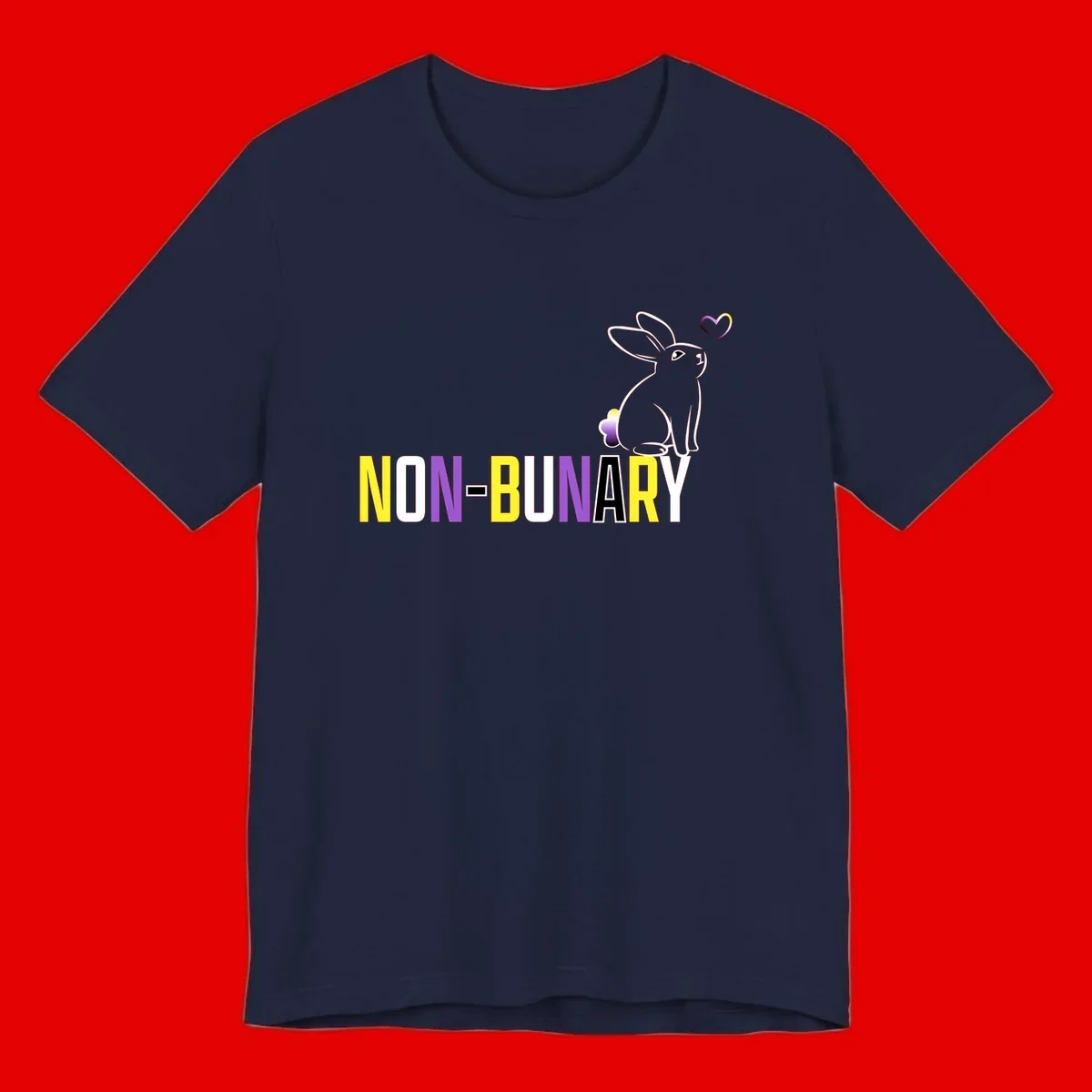 Non-binary bunny pride design featuring a white-outlined rabbit with gradient heart symbol and colorful 'NON-BINARY' text in yellow, purple, and white