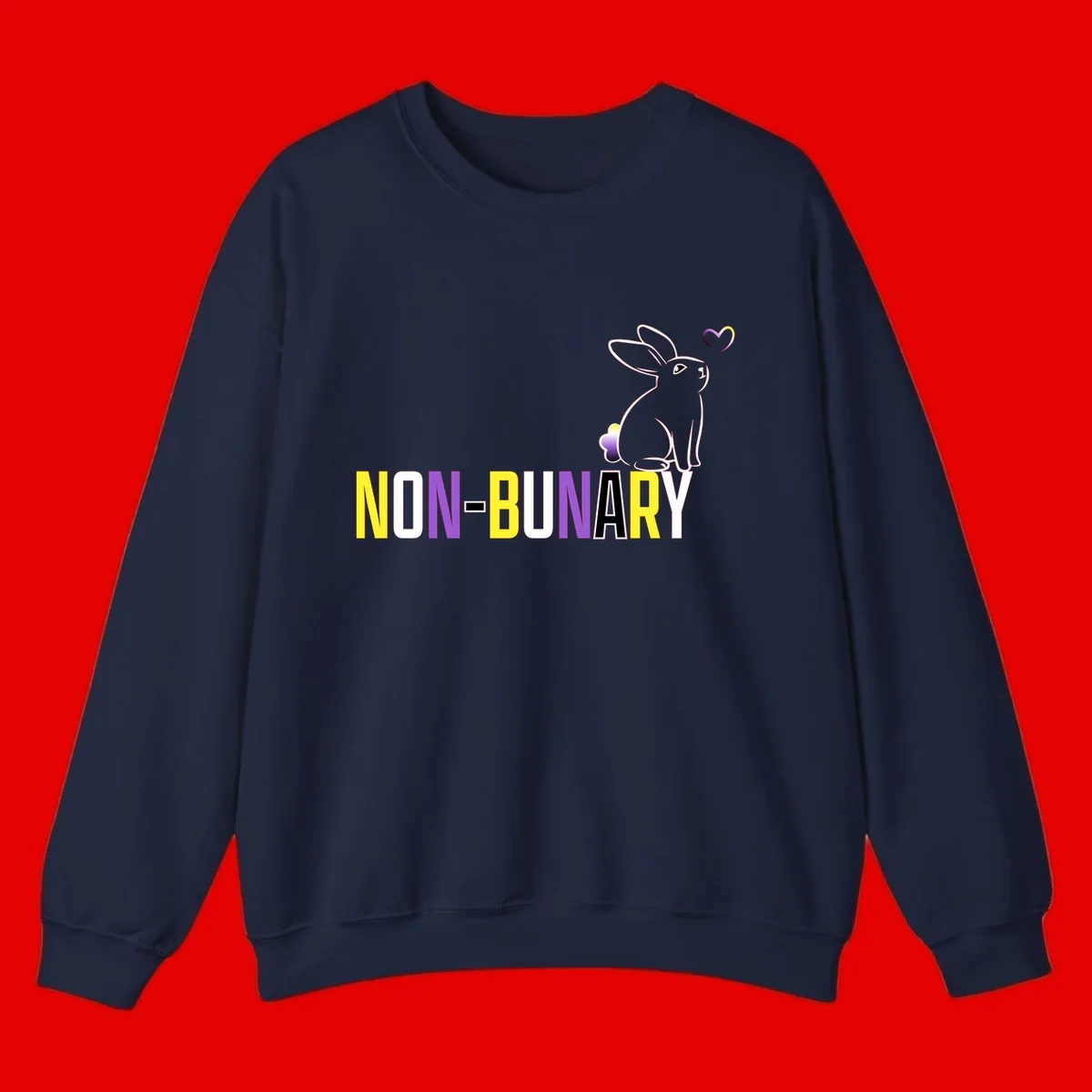 Non-binary bunny pride design featuring a white-outlined rabbit with gradient heart symbol and colorful 'NON-BINARY' text in yellow, purple, and white