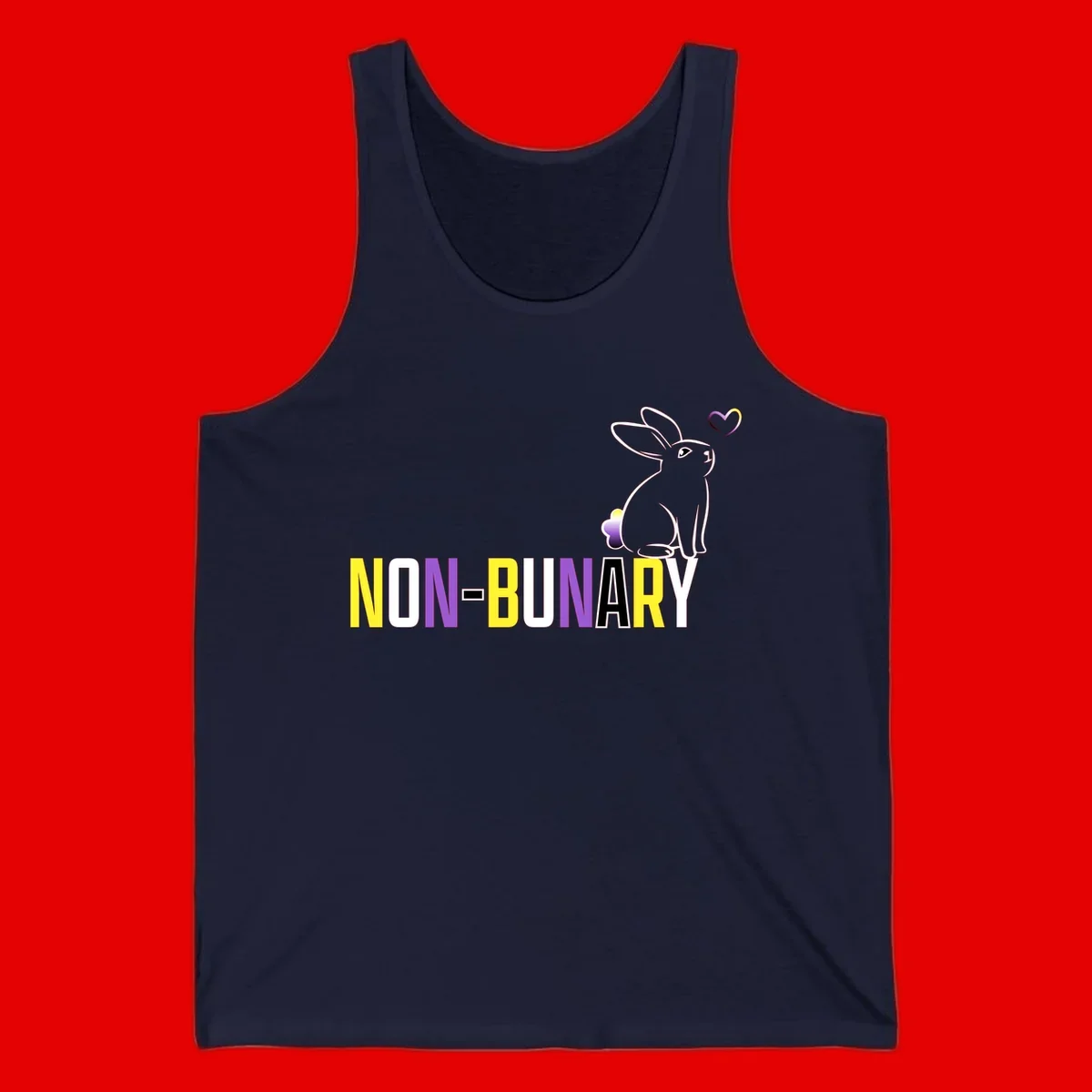 Non-binary bunny pride design featuring a white-outlined rabbit with gradient heart symbol and colorful 'NON-BINARY' text in yellow, purple, and white