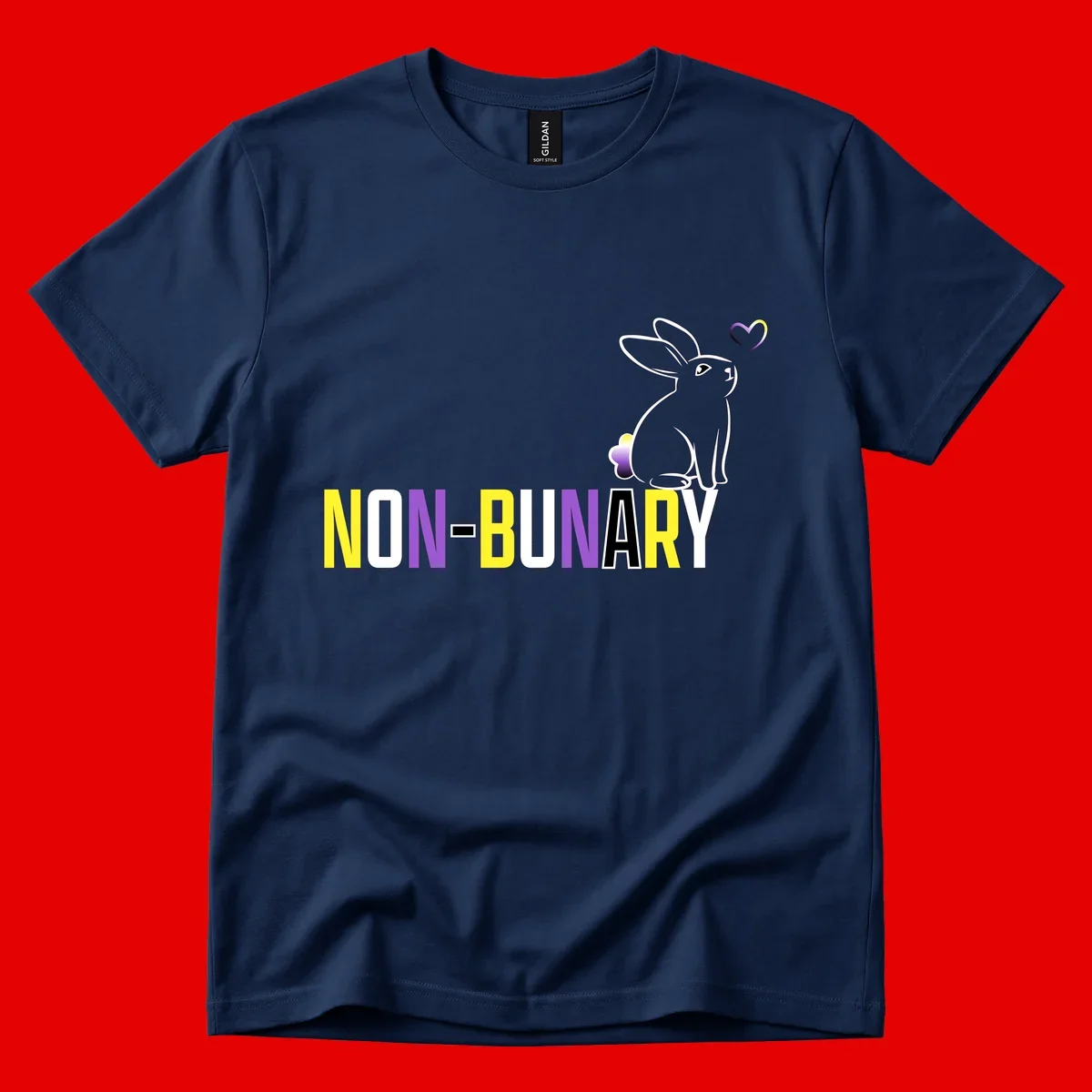 Non-binary bunny pride design featuring a white-outlined rabbit with gradient heart symbol and colorful 'NON-BINARY' text in yellow, purple, and white