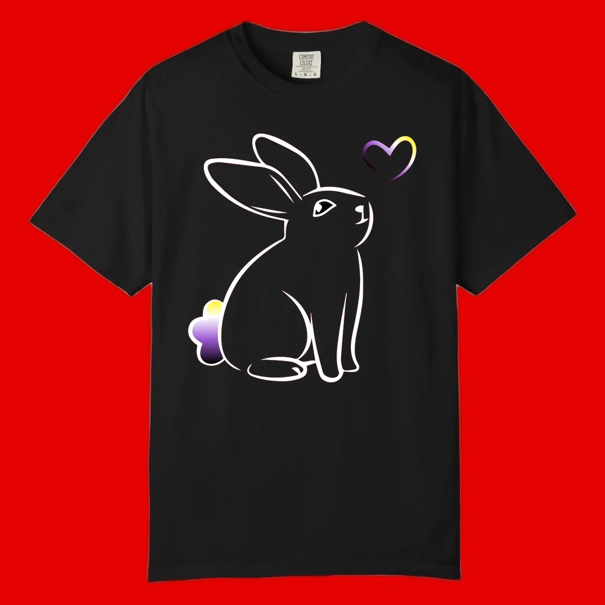 Minimalist line-art rainbow bunny with gradient purple-yellow tail and floating heart symbol on gray background