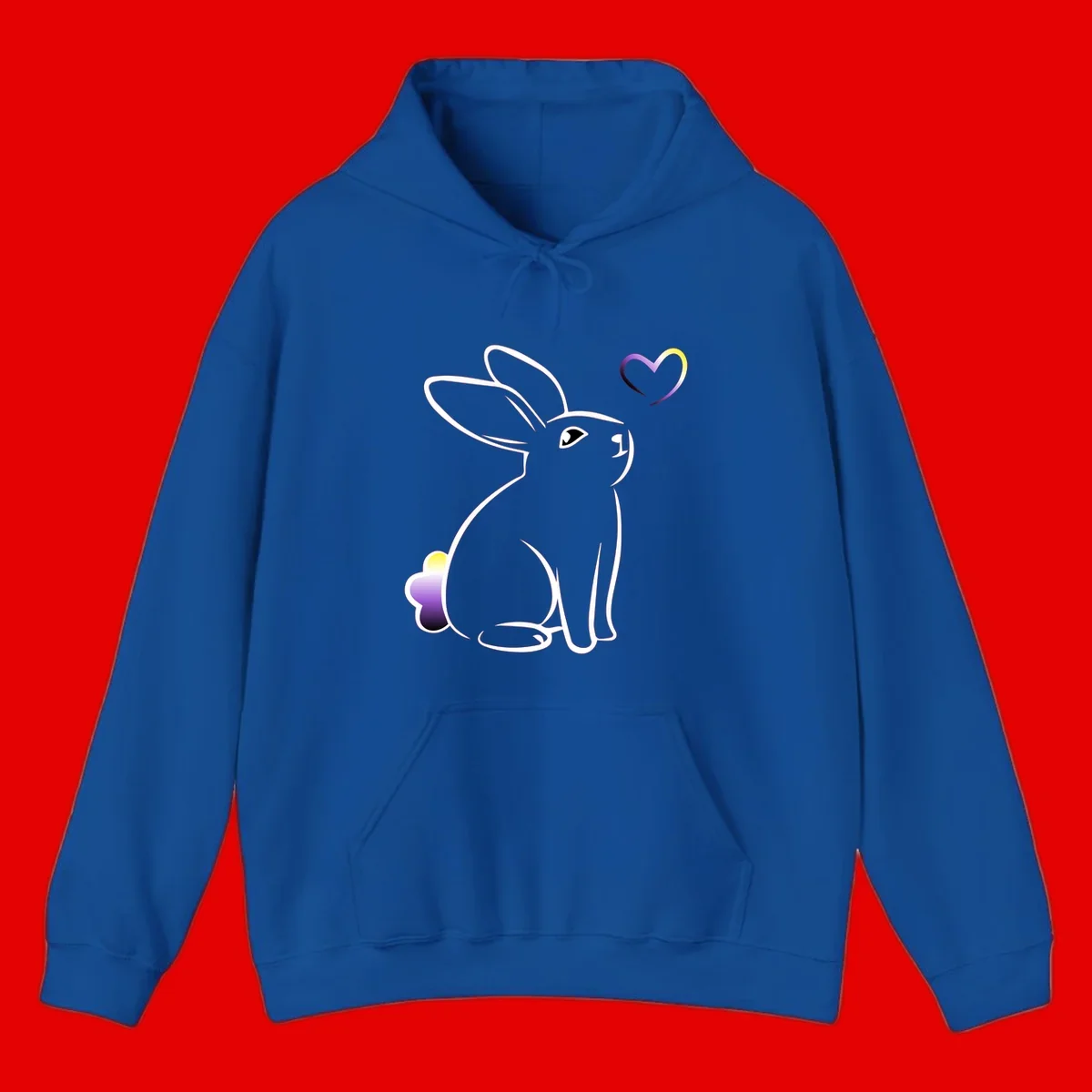 Minimalist line-art rainbow bunny with gradient purple-yellow tail and floating heart symbol on gray background