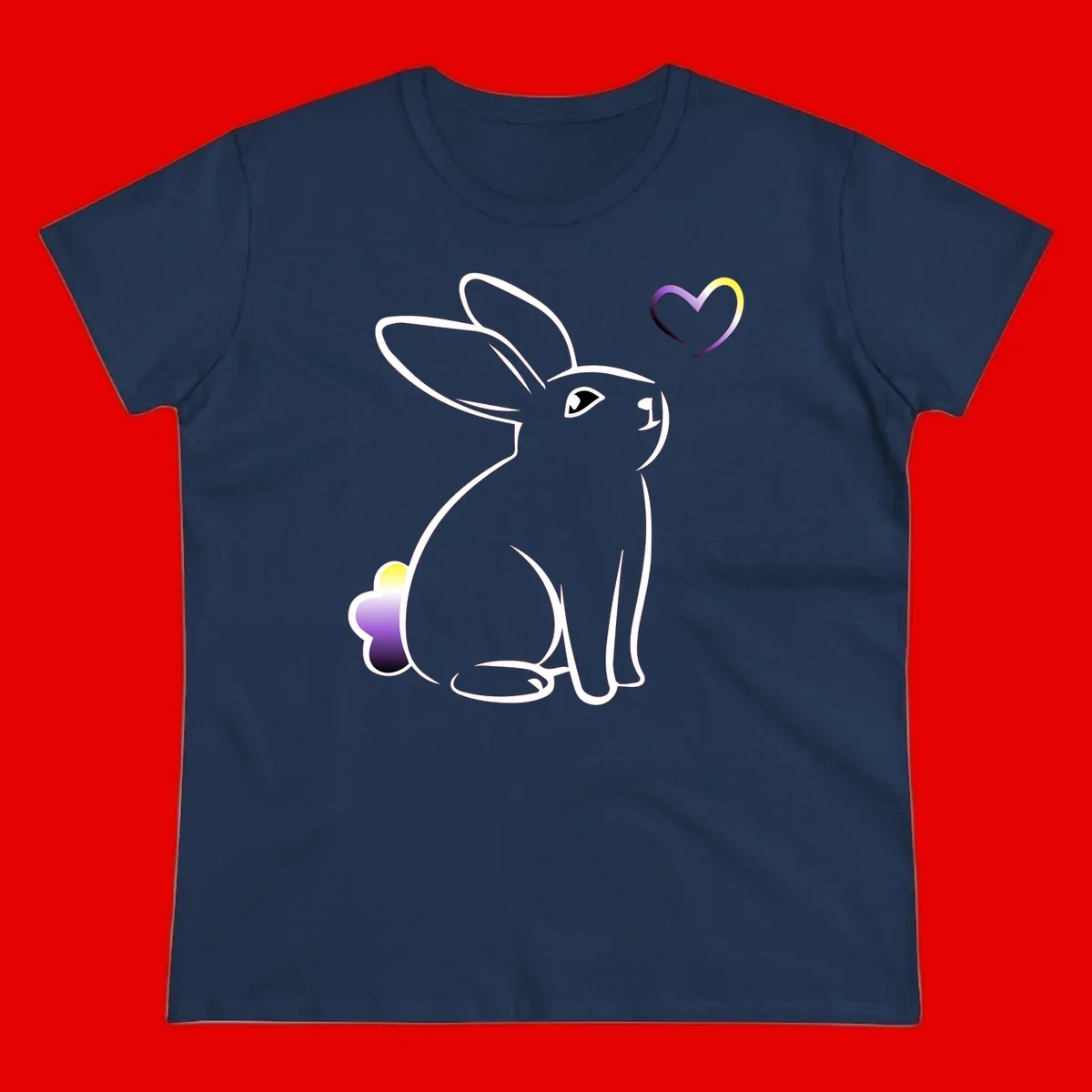 Minimalist line-art rainbow bunny with gradient purple-yellow tail and floating heart symbol on gray background