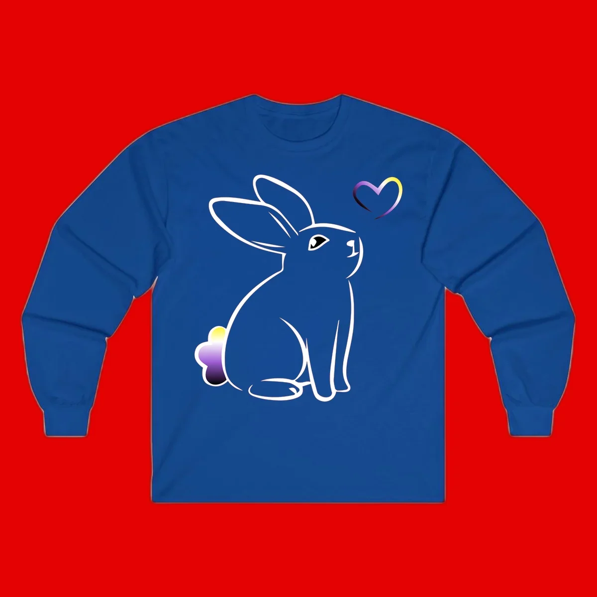Minimalist line-art rainbow bunny with gradient purple-yellow tail and floating heart symbol on gray background