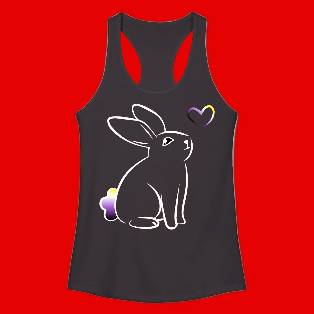Minimalist line-art rainbow bunny with gradient purple-yellow tail and floating heart symbol on gray background