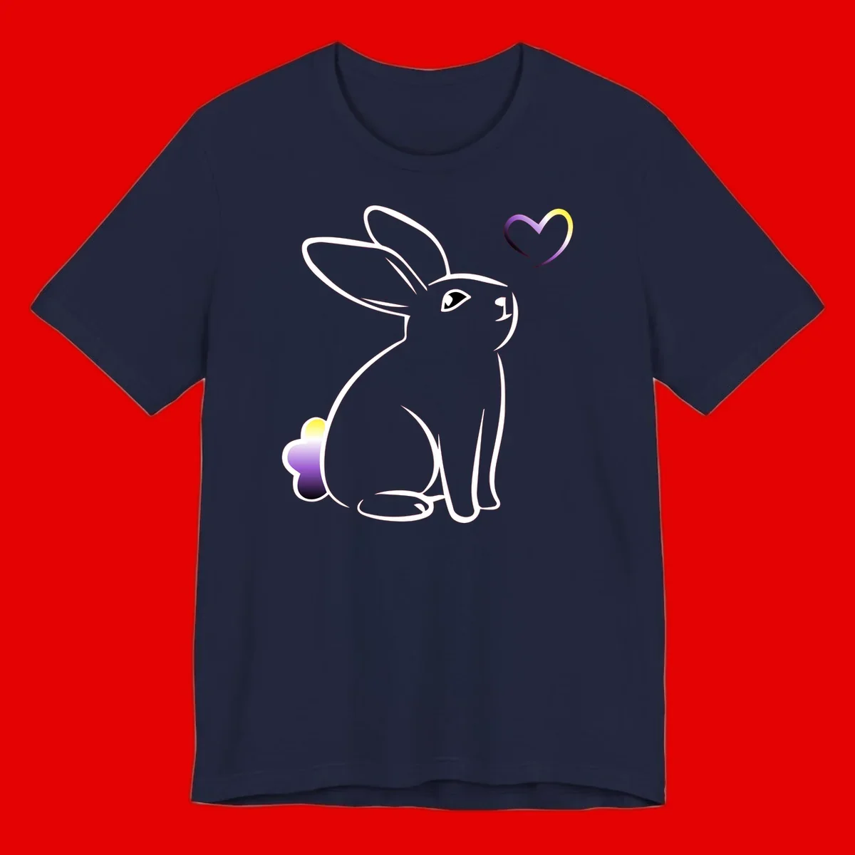 Minimalist line-art rainbow bunny with gradient purple-yellow tail and floating heart symbol on gray background