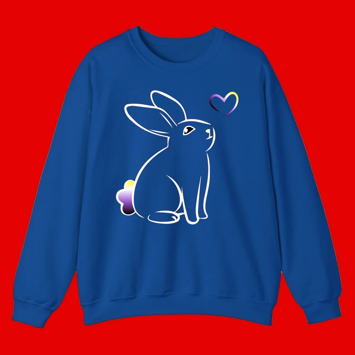 Minimalist line-art rainbow bunny with gradient purple-yellow tail and floating heart symbol on gray background