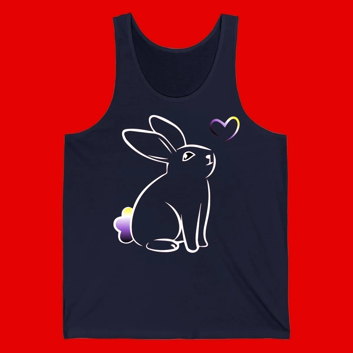 Minimalist line-art rainbow bunny with gradient purple-yellow tail and floating heart symbol on gray background
