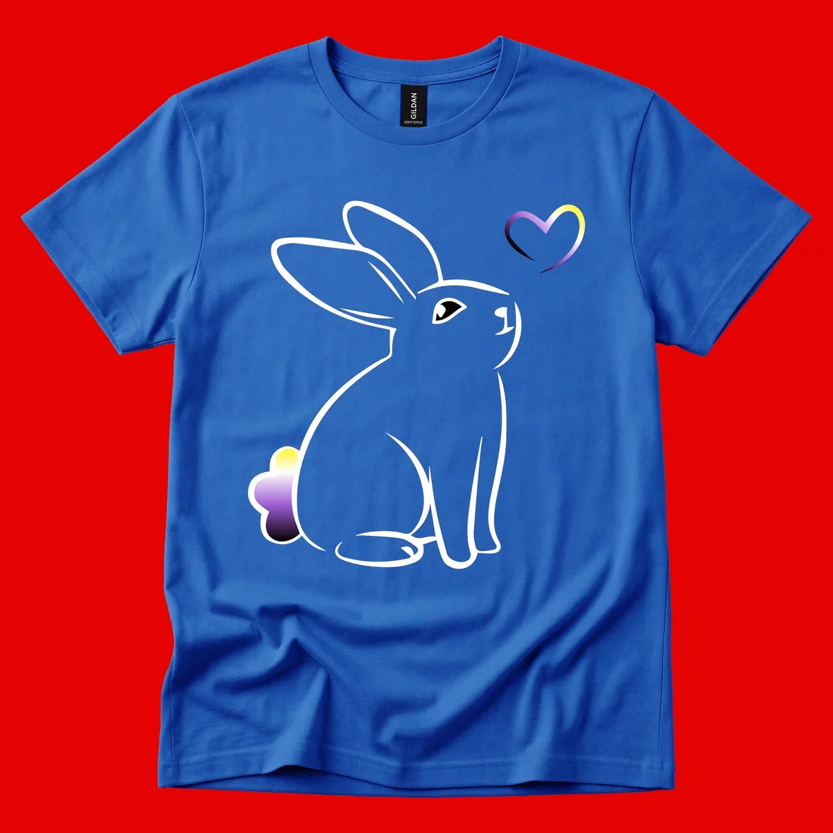 Minimalist line-art rainbow bunny with gradient purple-yellow tail and floating heart symbol on gray background
