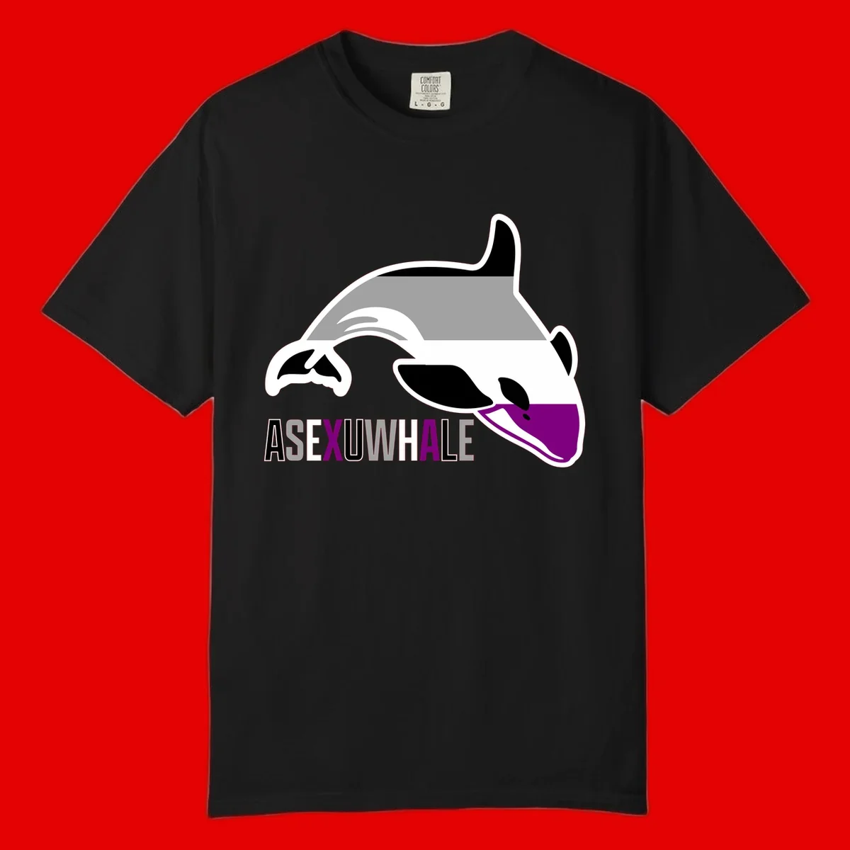 Stylized orca whale with purple accent and water splash, text reads 'ASEXUAL WHALE' in bold letters
